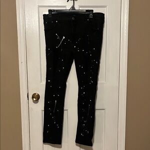 Men's Slim Black Jeans with Paint Splatter